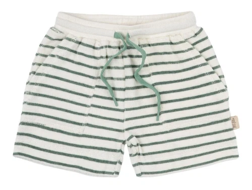 Råhvide shorts i frottékvalitet med grønne striber fra Petit Piao PP733 off white green